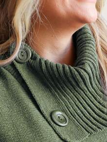 GIP Women's Poncho Knit Mousse Plain High Neck With Button Winter Wool Coat - 軍綠色 - 查看 3