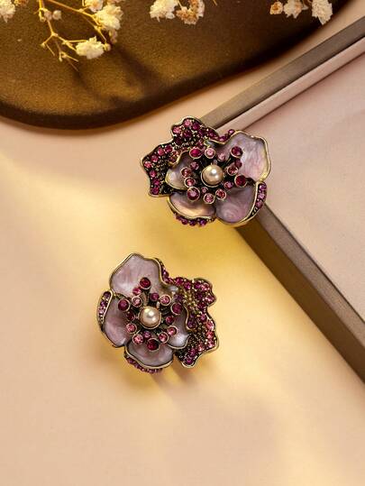1 Pair Vintage Flower Earrings For Women, Colorful Crystal & Pearl Inlaid, Exaggerated Floral Earrings, Suitable For Vintage-Themed Parties, European & American Fashion Outfits, Galas And Art Exhibitions To Showcase Retro Charm