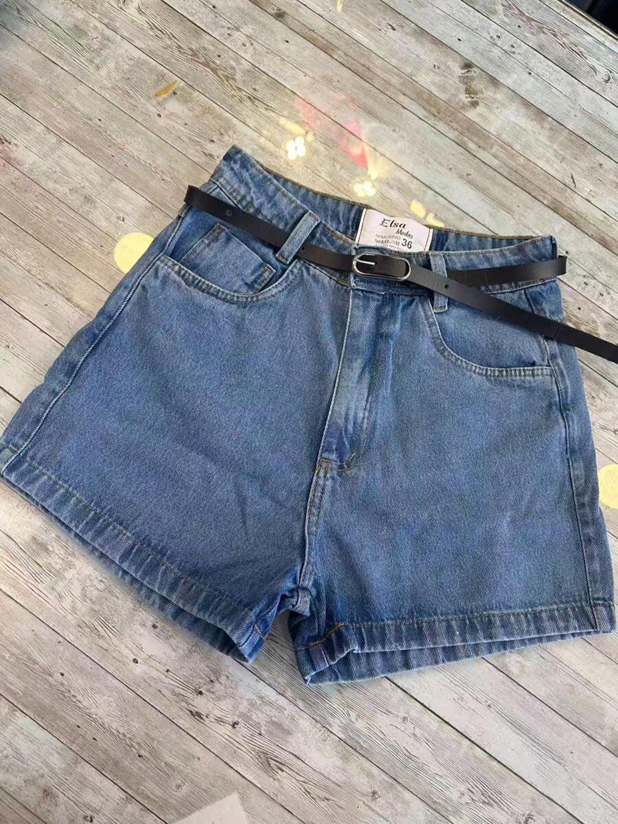 Jean Shorts Mom Shorts High Waist Plain Without Lycra Women's With Belt And Without Belt - Marmorizada com cinto - 查看 1