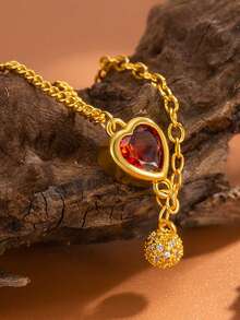 1件不锈钢红色心形手链，全新奢华精致设计，百搭配饰 - 金黃色 - 查看 4