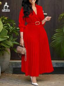 Vestido midi plisado de unicolor con cintura ceñida y elegante, estilo vintage para otoño/invierno, adecuado para homecoming, boda, cumpleaños, atuendos de maestro, talla grande - Rojo - Ver 4