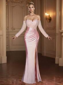 VIPGIRL New Elegant Romantic High-End Design Formal Evening Gown Dress For Women, With Pink Sequin Bust And Waist Ruffle Details - Pink - View 5