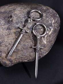 1Pair Gothic Vintage Sword Alloy Earrings Women Man Fashion Cool Punk Rock Party Jewelry Accessories Fantasy Ear Hooks - 銀色 - 查看 5