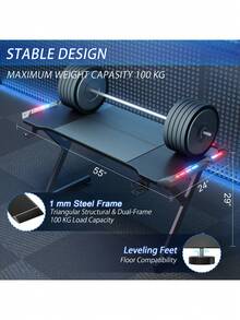 HLDIRECT Gaming Desk With LED Lights, Ergonomic Computer Gaming Table With Carbon Fibre Surface, Sturdy PC Workstation Desk For Gaming And Home Office With Headphone Hook, Cup Holder, Black - Black - View 10