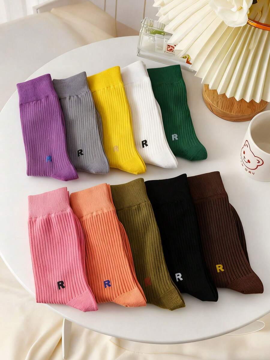 5 Pairs Random Color R Letter Autumn/Winter Colorful Socks, Sports Socks, Casual Socks, Fashion Mid-Calf Socks For Women - Multicolor - View 1