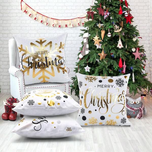 4PCS Golden Snowflake Printed Throw Pillow Cover, Velvet Material, Non-Reflective (16x16 Inches, 18x18 Inches, 20x20 Inches) Christmas Outdoor Throw Pillow Cover Santa Claus Decorative Cushion Cover