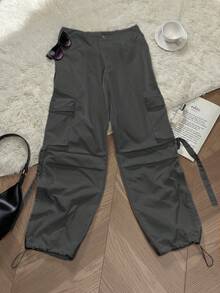 女士 Y2K 街头风翻盖口袋带饰宽松休闲阔腿降落伞工装裤