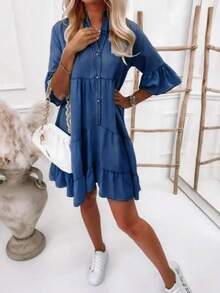 Women's Denim Dress Loose And Inelastic Comfortable Dress, Casual Daily Flounces, Elegant And Sweet. - 深色水洗藍 - 查看 4