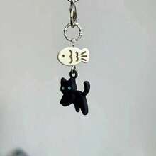 Black Cat Small Fish Mobile Phone Chain Pendant, Goben Chain Card Book, Cute Earphone Hanging Chain Accessories, Black Cat Does Not Eat Fish Chain - ￼ GJ22-1 貓吃魚鑰匙圈-0 - 查看 12