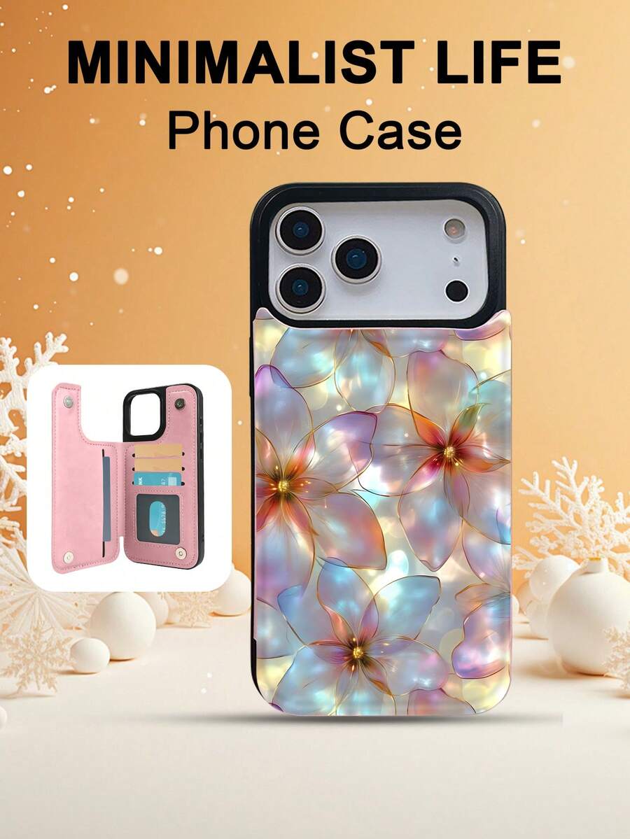 1PC Luminescent Flower Pattern Phone Case, Dreamy Artistic Style Design, Spring Inspired Motif, TPU+PC Dual-Layer Material, Handcrafted Custom, Premium Fashionable, Faux Leather Flip Wallet Case With Card Slots, Compatible With IPhone 17/16/15/14/13/12/X/PLUS/PRO/PROMAX, Galaxy S25/S24/S23/S22PLUS/Ultra, Waterproof Shockproof Scratch Resistant - Pink - View 1