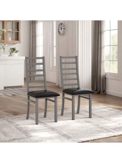 Set Of Metal Dining Chairs, Steel Legs PU Leather Seats, Armless High Back Kitchen, Living Room, Grijs view 7