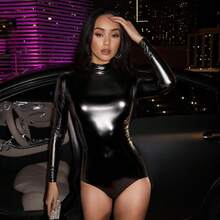 Long Sleeve Metallic Bodysuit Women Shiny Dance Leotard Turtleneck Latex Bodysuit{Inchsize_nameinch:InchX-Large(UniqueSeller-Ahkqam-FBA)Inch,Inchcolor_nameinch:InchBlackinch} - 黑色的 - 查看 5