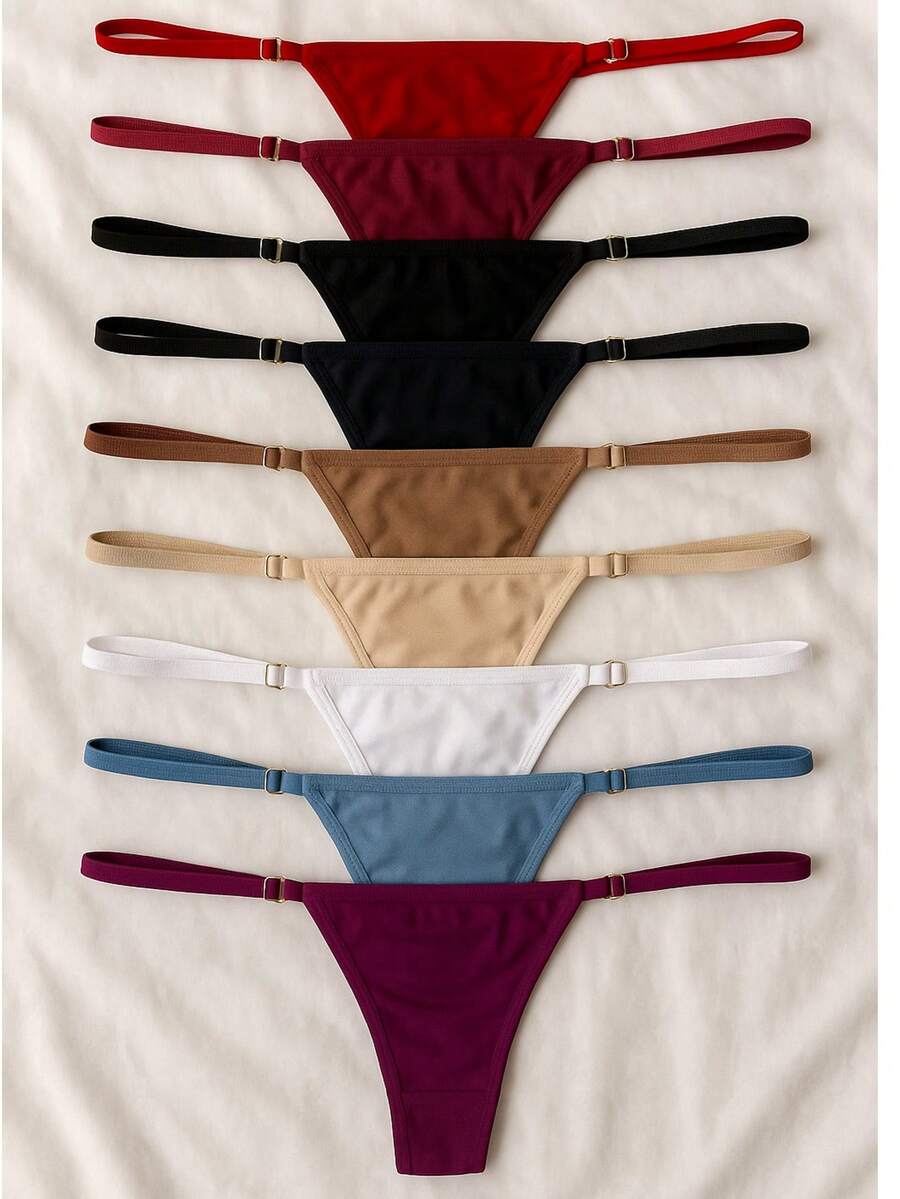 Kit 10 Women's Thong Panties With Adjustable Straps Microfiber Comfortable Low Waist Elegant Lingerie Intimate Fashion - 彩色 - 查看 1