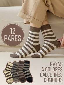 6/12 Calcetines unisex de rayas, varios colores- Calcetas de dama de tripulación con diseño divertido y colores minimalistas. Calceta de dama y caballero con lineas. - Beis - Ver 4