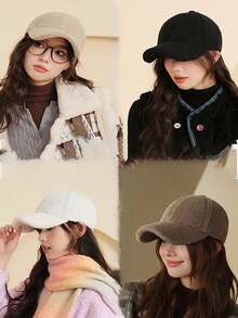 Classic Autumn/Winter New Solid Color Hat, Faux Lambswool Fashionable Baseball Cap, Unisex Versatile Korean Style, Face-Slimming, Stylish Casual Party Street Polyester Fleece Decoration Cap