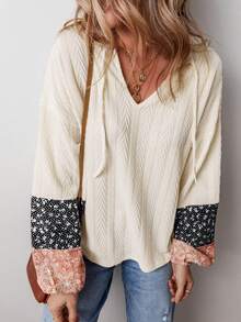 Acelitt Women's Fashion Camouflage Pattern Patchwork Long Sleeve Loose V-Neck Pullover Shirt, Autumn