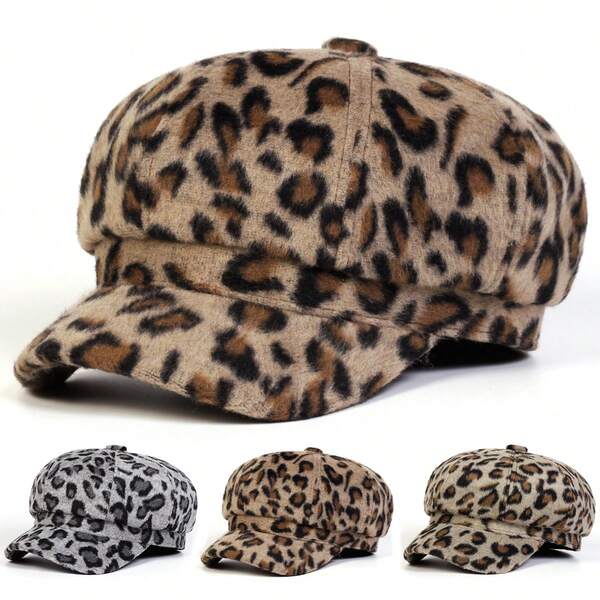 1pc Women's Faux Fur Leopard Print Octagonal Beret Hat, Fashionable Streetwear, Casual Outdoor Hat For Autumn/Winter Travel
