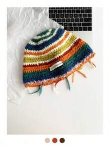 1pc Autumn Winter Maillard Color Bowknot Contrast Striped Polka Dot Hand-Made Crochet Knit Hat, Thick Four Seasons Rainbow Striped Knitted Fisherman Bucket Hat For Women, Fashionable Christmas