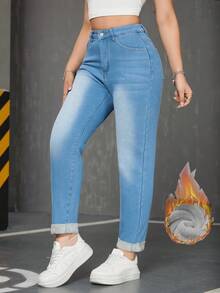 Autumn/Winter Warm Thermal Lined Fashionable Denim Jeans, Casual Tapered Stretch Loose Pants