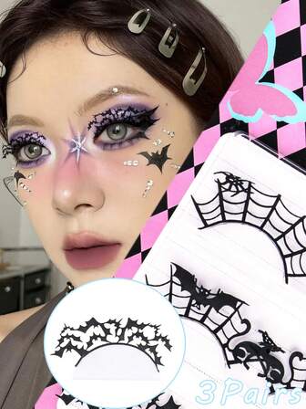 3对艺术剪纸睫毛，蝙蝠和蜘蛛网夸张设计，适合表演、舞台、万圣节