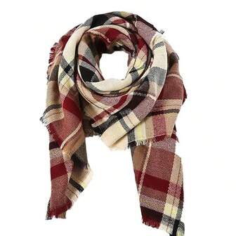 1 件女士格子流苏柔软保暖围巾披肩，适合秋冬季