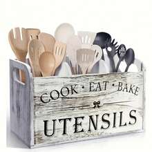 White/Black Cutlery Storage Jar, Country-Style Cutlery Holder For Boys, With 3 Compartments, Suitable For Kitchen Countertops, Wooden Kitchen Cutlery Organizer, Farmhouse-Style Wooden Cutlery Storage, Storage Box For Silverware, Forks, Spoons, And Spatulas - màu đen - Xem 2