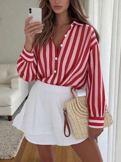 Women's Vintage Inspired Lightweight Jacket, Bohemian Colorblock Striped Pattern, Pink Casual Lapel Long Sleeve Button-Up Shirt, Loose Comfortable Elegant Romantic Urban Casual Blouse