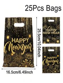 10/25/50个装 2026新年礼品袋，带提手，黑金主题礼品手提袋，新年快乐礼品包装袋，新年派对回礼袋，礼品袋，糖果袋，新年礼物，2026新年快乐装饰品，新年派对装饰品，桌面装饰品，厨房装饰品，餐厅家居节日装饰品，新年派对用品，小型派对礼品 - 黑金新年快樂 - 查看 12