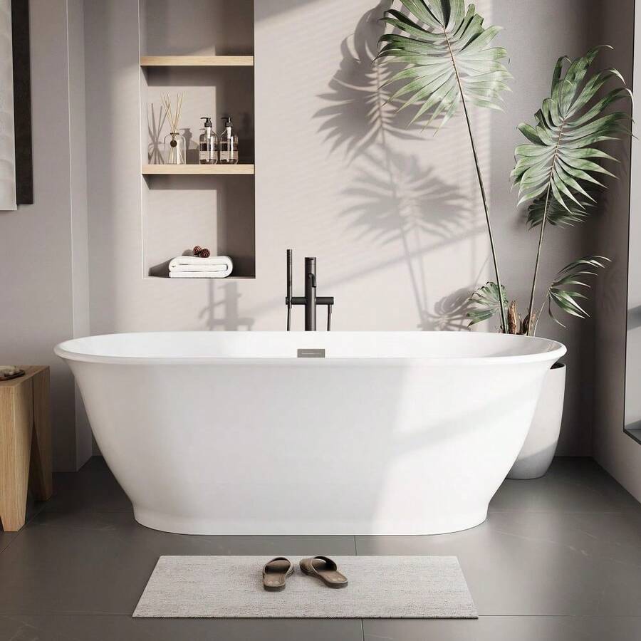 Studyset 59/67 Inch Acrylic Soaking Bathtub, Modern Square Design, Deep Ergonomic Tub With Matte Drain & Black Overflow, Double-Walled Insulation, Glossy White, CUPC Certified - White - View 1