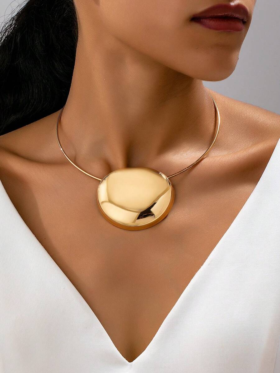 1pc Women's Necklace, Asymmetrical Circle Geometric Smooth Pendant Necklace, Suitable For Daily Wear And Vacation - Yellow Gold - View 1