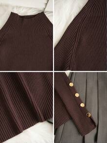女款卡其色高領毛衣，金屬鈕扣裝飾，保暖針織上衣，適合疊穿，通勤與日常穿著，秋冬季 - 咖色 - 查看 10