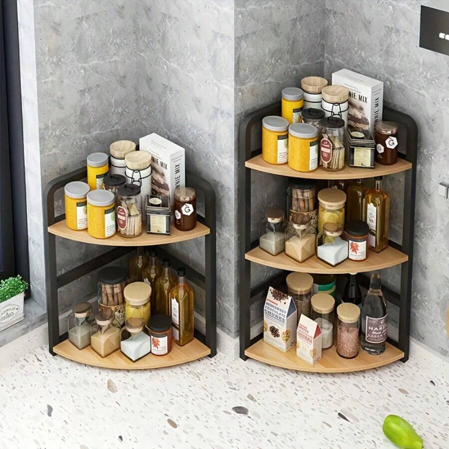 2-Tier Heavy Duty Metal Triangular Corner Shelf, 2-Layer Triangle Spice Rack Storage Organizer, Large Capacity Kitchen Countertop Seasoning, Spice And Bottle Storage, Bathroom, Pantry, Countertop And Home Storage Space-Saving Corner Shelf