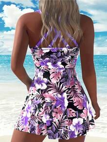 两件套女士印花吊带泳衣套装，全包覆式抹胸上衣和低腰泳裤，休闲海滩度假夏威夷风，优雅可爱 - 淺灰紫 - 查看 3