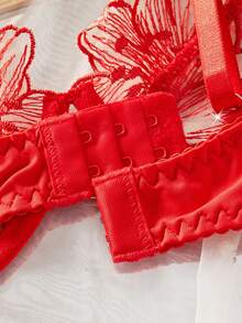 Red Embroidered Sheer Sexy Lingerie Set For Women - Red - View 6