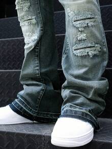 Men's Flared Jeans, Slim Fit Distressed Flare Leg Jeans, Y2K Stacked Jeans, Contrast Wash Embroidered Jeans, Suitable For All Seasons - 藍色 - 查看 4