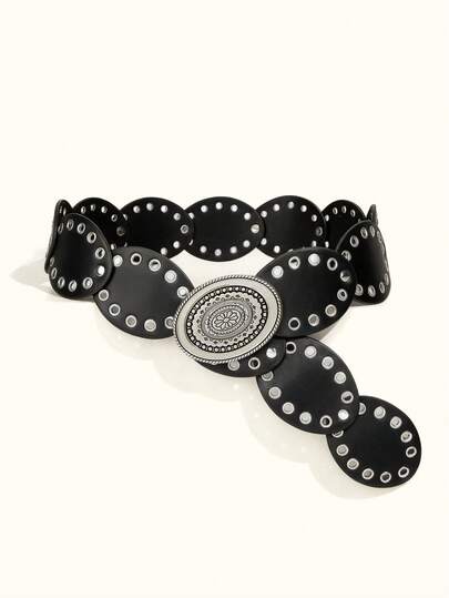1pc Men's Plus Size Black Bohemian Western Cowboy Oval Patchwork Metal Grommet Wide Belt, Suitable For Outerwear, Casual Pants, Ideal For Thanksgiving, Autumn/Winter Outfits And Accessories Old Money Vintage Autumn/Fall Urban Outfit Classic Christmas Winter Fashion Daily Men Boyfriend Gift