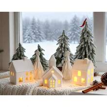 Village Sets - Ceramic Decorations 5Pcs - Porcelain Farmhouse Village, 3 Lighted House Figurines And 2 Pine Trees, Tabletop Xmas Decor Home, Winter Holiday Display