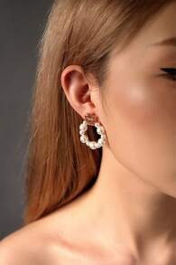 Tory Burch Double T Logo Brass & Pearl Earrings 86972 - Cream - View 4