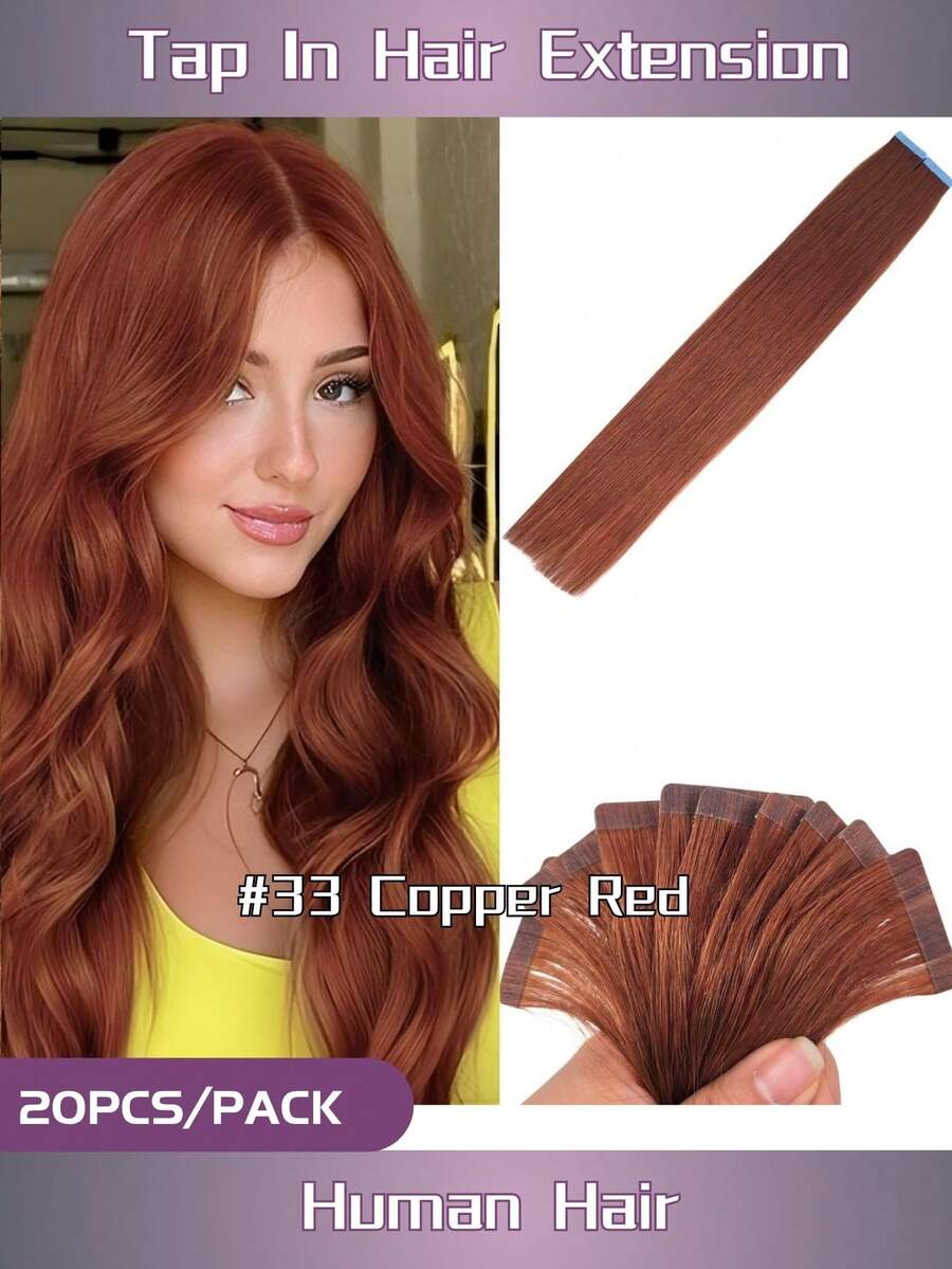 20PCS 50G Tape In Hair Extensions Human Hair,#33 Dark Auburn,16-26 Inch Double Sided Tapes Ins Human Hair Extensions,Adhesive Extension Seamless Invisible,Silky Straight With Thick Ends,Remy Human Hair Add Length For Woman Everyday Hairstyle Party - S33 - 查看 1