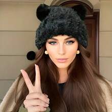 Women Cute Bear Ear Shape Solid Color Ear Protection Warm Knitted Hat, Plaid Windproof Travel Brimless Cap - 紫紅色 - 查看 7