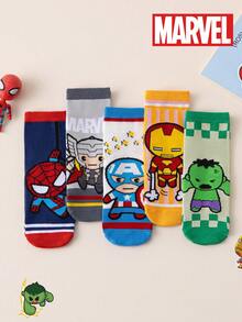 Marvel 5双装儿童袜子，蜘蛛侠和复仇者联盟主题中筒袜，卡通风格，适合女孩，秋冬季 - 彩色 - 查看 6