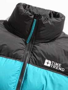 Women's Casual Colorblock Quilted Puffer Jacket With Stand Collar Long Sleeve Pockets Regular Length Warm Winter Coat - 藍色 - 查看 4
