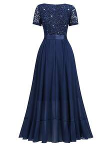 V-Neck Sequin Lace Contrast Chiffon Ruffle Trim Hem Elegant Evening Party Swing Dress - Navy Blue - View 8