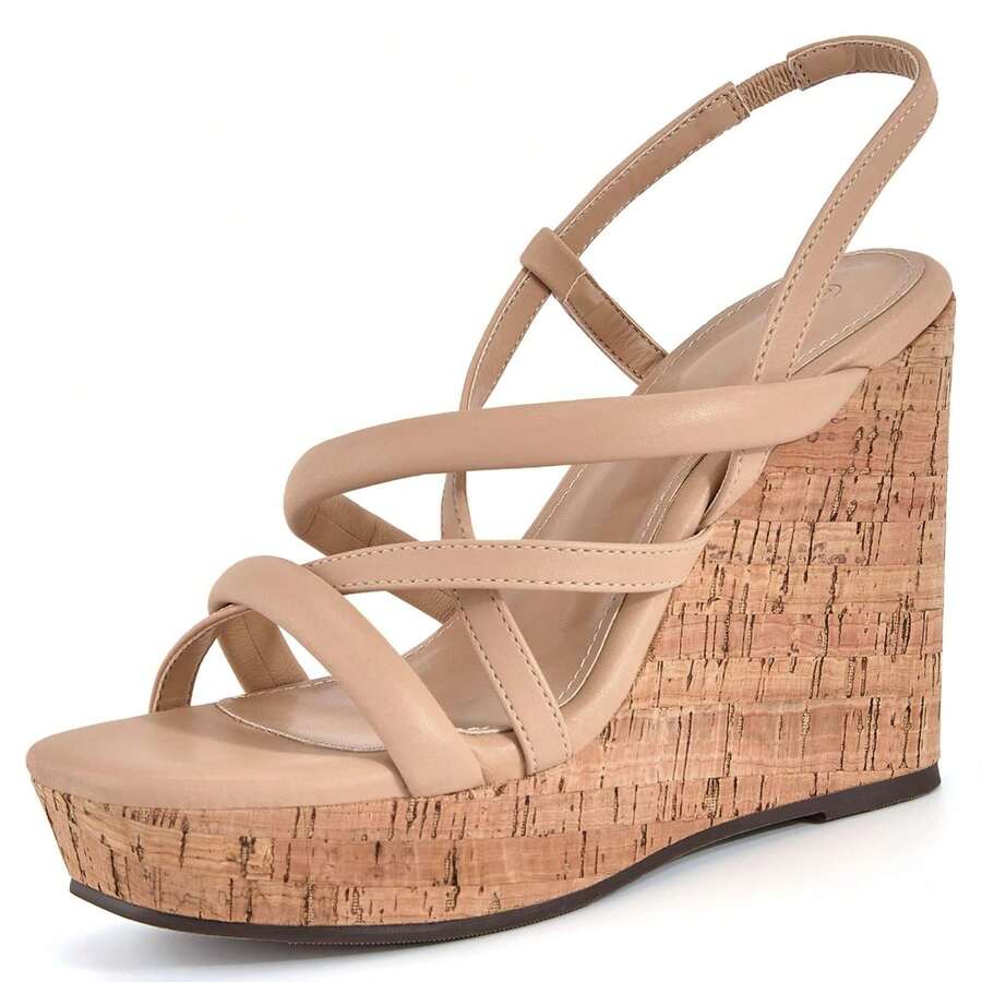 Coutgo Women Platform Wedge Sandals Cork Slingback Wedges Espadrilles Heels Summer Shoes - Màu Khaki - Xem 1