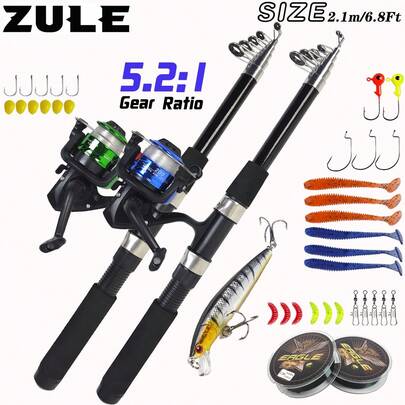 6.9ft 2pcs Telescopic Fishing Rod And Reel Combo With Lures, Hooks And Other Fishing Gear, Foldable Fishing Rod And Reel Kit For Bass Fishing