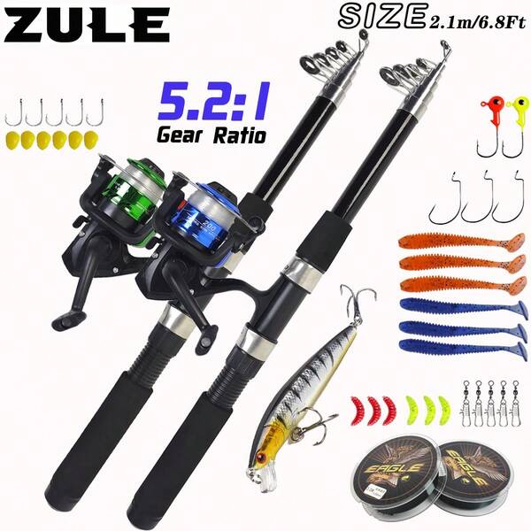 6.9ft 2pcs Telescopic Fishing Rod And Reel Combo With Lures, Hooks And Other Fishing Gear, Foldable Fishing Rod And Reel Kit For Bass Fishing