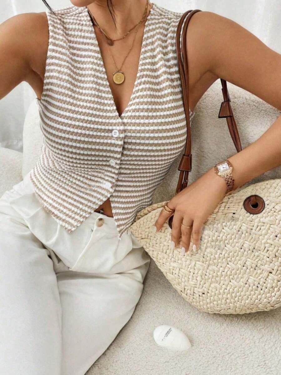 1 Stück Damen Herbst/Winter Ärmellose Weste mit V-Ausschnitt und Knopfleiste, gestreift