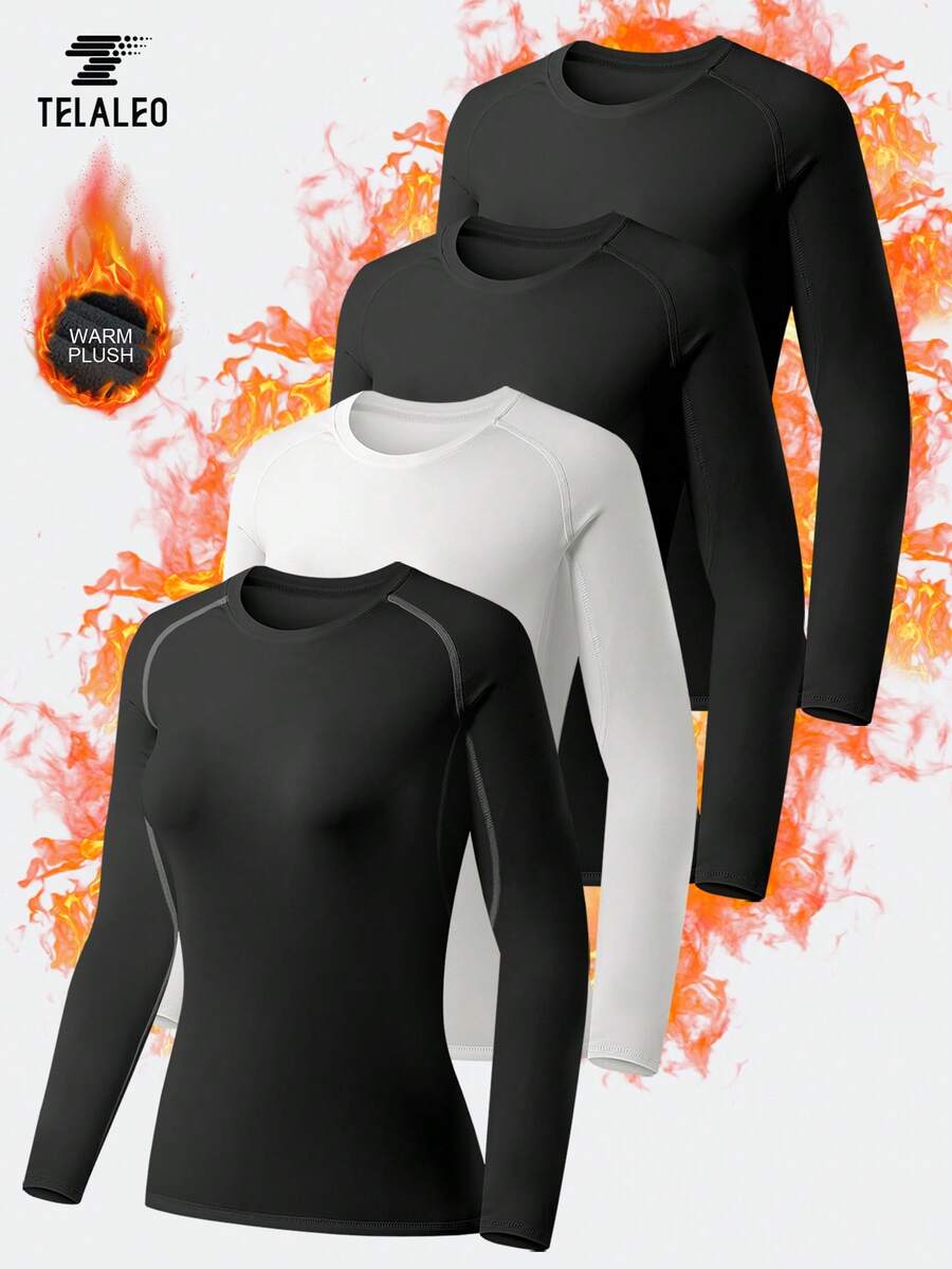 TELALEO 4 Packs Women's Thermal Shirts Thermal Lined Tops Long Sleeve Compression Workout Base Layer For Cold Weather, Fleece, Winter