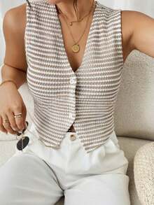 1pc Women's Autumn/Winter Front Button Sleeveless V-Neck Striped Vest Jacket - Apricot - View 1