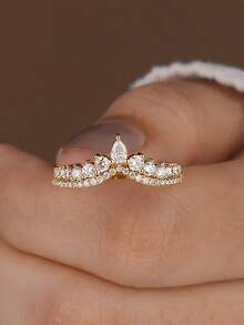1pc Gold-Plated Water Drop Shaped Cubic Zirconia Wing Ring, Exquisite V-Shaped Shiny Design, Suitable For Date Night And Daily Wear, Ideal Gift For Women - Teardrop Round Diamond Crown Ring - View 5